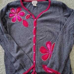 Sigrid Olsen Gray Cardigan Sweater with Pink Floral Appliqué